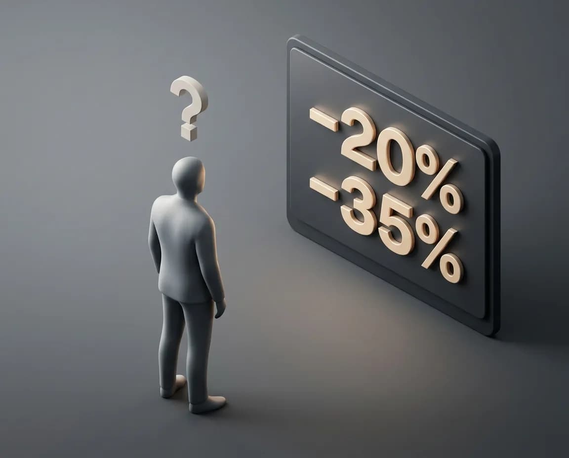 Человек перед табло со скидками −20% и −35% и знаком вопроса — кто и зачем покупает промышленные излишки